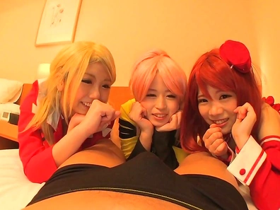 Seductive Japanese Girls Wearing Wigs Triple Team Him For Hardcore Fun
