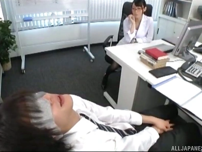 Seductive Japanese Coworker With Glasses Awakens Dude by Eating His Ass