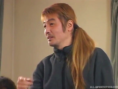 Lovely Japanese Girl in Blue Dress Blows Group of Guys Hard