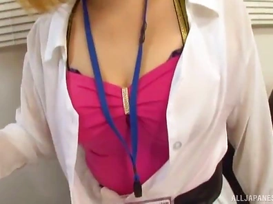 Sultry Blonde Jap Babe Grabs His Long Stiff Cock and Rides It Hard