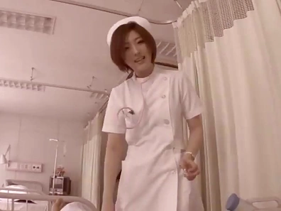 Asian nurse has her pussy stroked with a vibrator then slammed hardcore