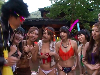 Japanese babes in cosplay participating in a gangbang outside