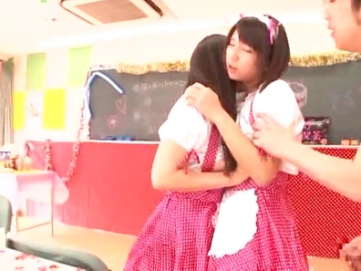 Frisky Japanese young girls share hard cock of impressive guy