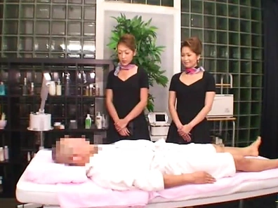 Massage session turns into threesome orgy with two maure Japanese woman